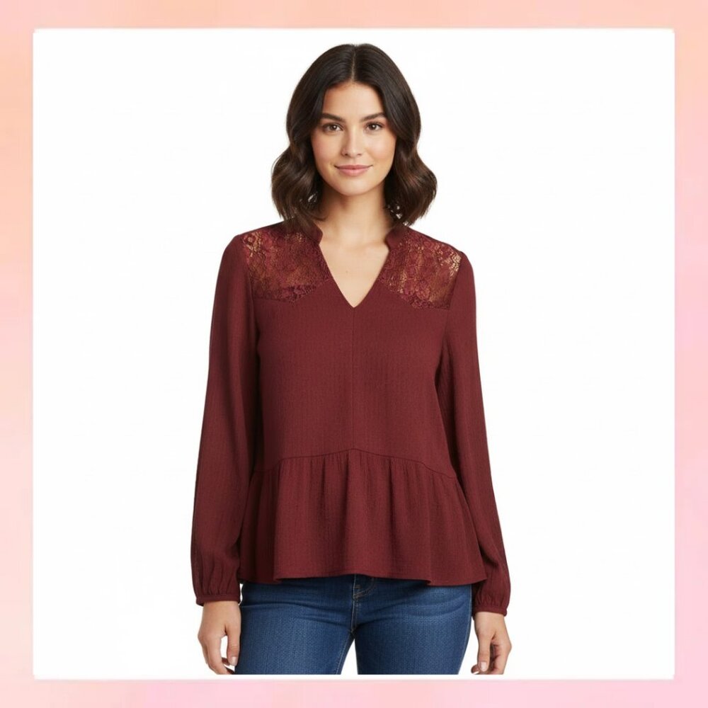 True Craft Large Burgundy Lace Yoke Swiss Dot Babydoll Blouse Top